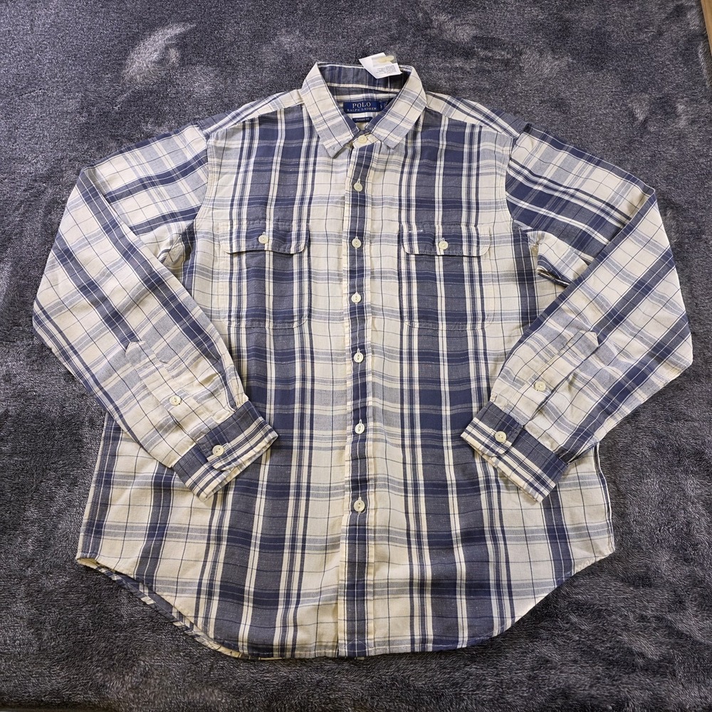 Polo Ralph Lauren Classic Fit Linen Blend Plaid Shirt Mens Large Blue White